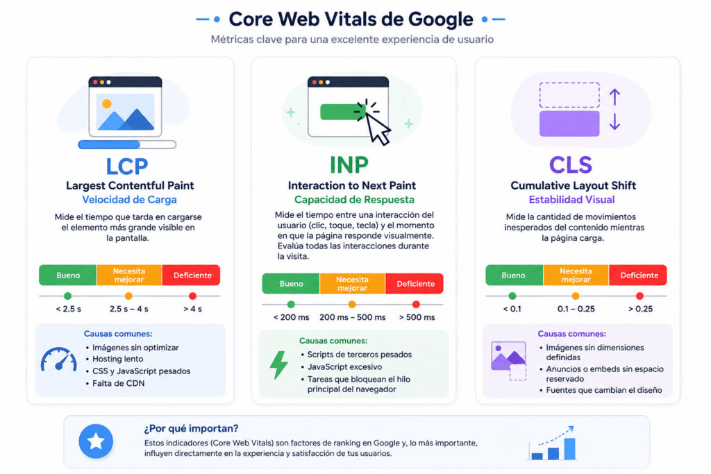 Infografía de los tres Core Web Vitals de Google: LCP (Velocidad de Carga), INP (Capacidad de Respuesta) y CLS (Estabilidad Visual), con umbrales de rendimiento y causas comunes de cada métrica